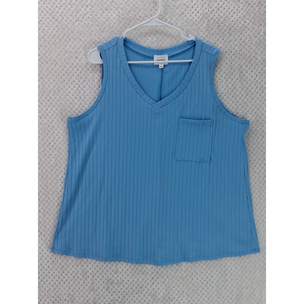 Andree by Unit Women's 1X Blue Ribbed Sleeveless Tank Top